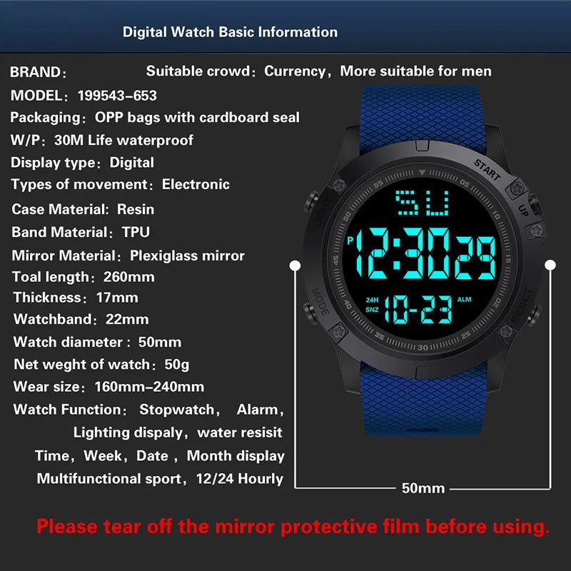 Men Sport Watch Multifunction Military Sports Watch Waterproof Luminous LED Digital Kids Watch Big Dial Student Electronic Watch